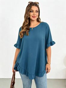 Shapeblank Áo blouse nữ size lớn màu trơn cổ tròn tay ngắn gấu bèo dáng rộng - Màu xanh ngọc - Xem 3