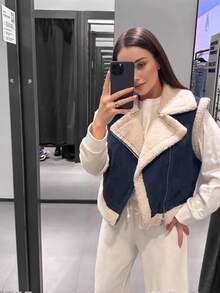 Firerie Women's Brown Lapel Loose Thermal Lined Jacket - Dusty Blue - View 8