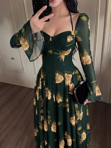 Feyla Women's Elegant Floral Print Waist-Cinching Long Dress - Army Green - View 4