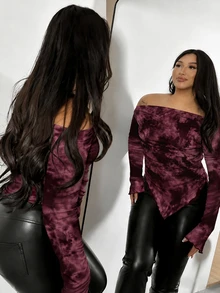 Firerie Plus Size Women's Tie-Dye Long Sleeve Asymmetrical Hem Fashion T-Shirt Fall - Multicolor - View 5
