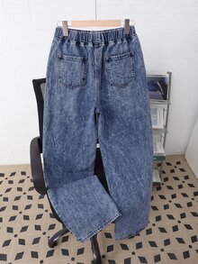 SHEIN 青少年男孩時尚簡約抽繩腰口袋牛仔褲休閒款 - 中等水洗藍 - 查看 2