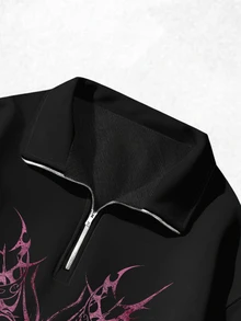 Attitoon 女款小碎花黑色寬鬆半拉鍊高領薄款運動衫套頭衫，加厚材質，適合秋冬加厚運動衫 - 黑色 - 查看 6
