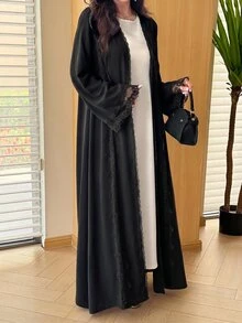 Al Najma Romantic Elegant Solid Color Flared Mesh Lace Decor Women's Abaya - Black - View 4