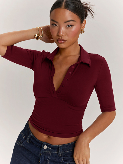 SHEIN BAE ملابس علوية نسائية كاجوال أنيقة بتصميم بسيط للعمل والتنقل، بياقة بولو وأكمام قصيرة، ملابس علوية بلون البرقوق، ملابس علوية بنفسجية، ملابس علوية بنفسجية، ملابس علوية للخروج، ملابس علوية كاجوال، ملابس علوية للمكتب، ملابس علوية للمعلمة