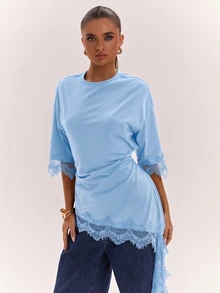 SHEIN BAE Women's French Lace Patchwork Asymmetrical Hem Ribbon Top - Baby Blue - View 5
