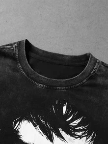 ROMWE MEN Men's Dark Portrait Screen Print Streetwear Loose Fit Long Sleeve T-Shirt - Black - View 2