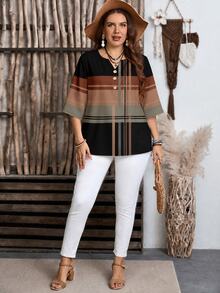 Mellowie Casual Minimalist Geometric Line Pattern Print Plus Size Black Shirt Suitable For Summer - Multicolor - View 3