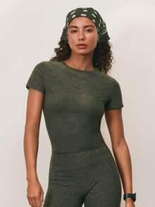GLOWMODE FeatherFit™-CloudBlend Pick Your Path Slim Fit Waist Length Crewneck T-Shirt With Contrast Side Panels Camping Hiking Yoga Studio Daily Active - Trail Green - View 1
