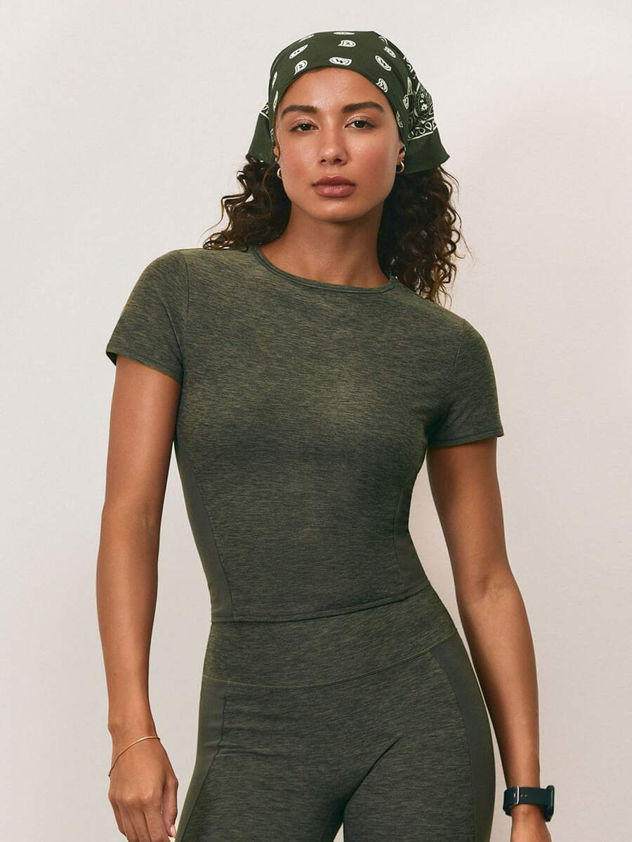 GLOWMODE FeatherFit™-CloudBlend Pick Your Path Slim Fit Waist Length Crewneck T-Shirt With Contrast Side Panels Camping Hiking Yoga Studio Daily Active - Trail Green - View 1