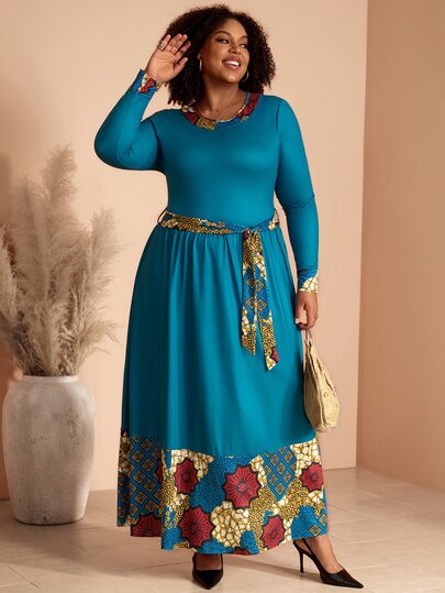 BrightlyHer Plus Size Women's Autumn/Winter Casual Vacation Country Elegant Floral Print Patchwork Blue Long Sleeve Dress With Belt, Fall,Long Dress,Going Out