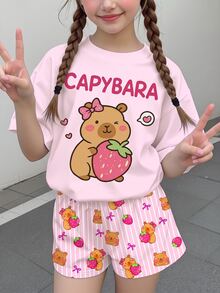 少女休閒極簡可愛亮面紋理水豚圖案，奶油粉色，短袖上衣與短褲兩件套，適合夏季，Kawaii，女孩套裝，Y2K，舒適，返校，度假 - 彩色 - 查看 2