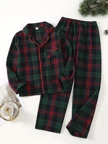 Tween Boys' Red Green Black Classic Plaid Long Sleeve Long Pants Button-Up Lapel Pajama Set Loungewear - Multicolor - View 5