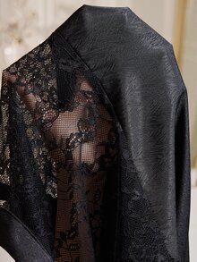 MuseNap CURVE Sexy Lace Patchwork Satin Loungewear, Exquisite V-Neck Tie-Up Slim Fit Plus Size 2-Piece Pajama Set - Black - View 8