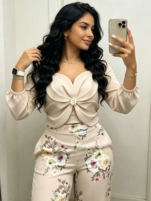 INAWLY Casual Fashion 3D Floral Craft Long Sleeve Set - Apricot - View 6