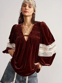 Bohemela Casual Solid Color Knit Loose Fit Women's Shirt - Coffee Brown - View 3