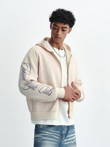TOKVUE Men's Letter Print Zip-Up Casual Hoodie - Beige - View 5