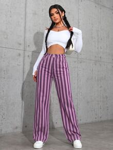 SHEIN ICON 女款條紋高腰口袋寬腿寬鬆牛仔褲 - 彩色 - 查看 7