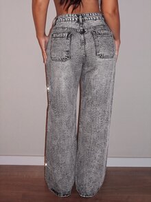 SHEIN PETITE Women's Casual Versatile Daily Travel Denim Jeans With Pockets, Buttons And Rhinestones - Light Grey - View 2