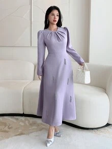 Feyla New Design Elegant Light Luxury Beaded Waist-Cinching A-Line Party Dress - Mauve Purple - View 4