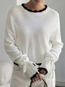 DAZY Women's Versatile Fashion Contrast Color Tie Cuff Sweater Autumn Night Out White And Black Sexy Minimalist Modest - White - View 2