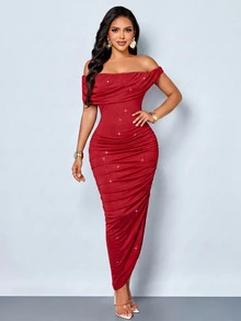 SOLERSUN Women's Elegant Off-Shoulder Ruched High Elastic Glitter Fabric Dress, Suitable For Evening Party, Graduation Season, - Burgundy - View 5