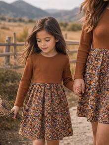 Emery Rose Kids Emery Rose Kids 女童小女孩拼色休閒日常夏季旅行洋裝 秋季風格 秋冬日常 農場萬聖節穿搭 - 卡其色 - 查看 2