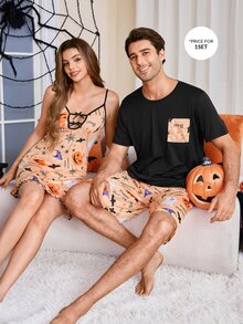 CoupledUp Halloween Print Casual Short Sleeve Shorts Pajama Set For Men - Black - View 3
