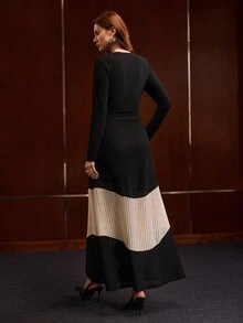MOTF PREMIUM CONTRAST OPEN KNIT PANEL DRESS WITHOUT BELT - Black - View 4
