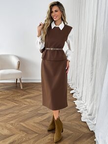 SHEIN LUNE 女款休閒秋冬通勤日常基礎時尚外套兩件套 - 駝色 - 查看 4