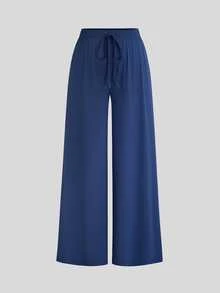 Sweetra Plus Size Cross Neck Top & Wide Leg Pants 2pcs Set Fall - Dusty Blue - View 9