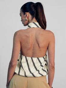 Hauture Women's Sexy Casual Office Night Out Brunch Black And White Striped Necktie Design Halter Neck Elastic Back Top Summer - Multicolor - View 2