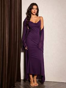 Slumberist Gaun Cami Slim Fit + Jubah Transparan Bertali, Set Piyama 3 Potong Desain Punggung Kupu-kupu Berkualitas Premium - Purple - View 2