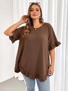 Shapeblank Plus Size Vintage Ruffle Trim Asymmetrical Hem Blouse - Mocha Brown - View 6