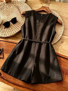 Franclia Women's Solid Color Sleeveless Romper - Brown - View 2