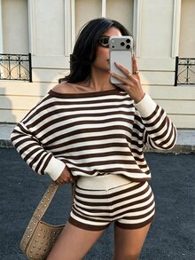 Autumina Setelan Rajut 2 Potong Gaya Kasual Amerika dengan Motif Garis-Garis Blok Warna dan Bahu Terbuka - MultiWarna - View 5