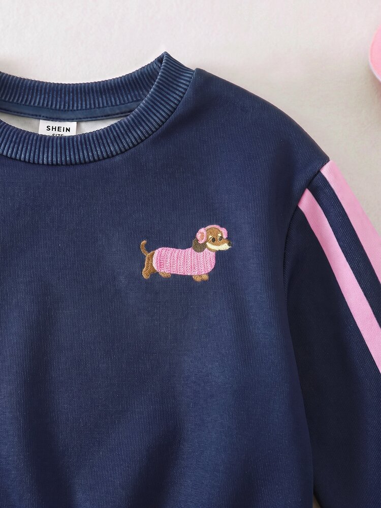 SHEIN Baby Girl Embroidered Round Neck Long Sleeve Sweatshirt And Striped Colorblock Pants Set - Navy Blue - View 3