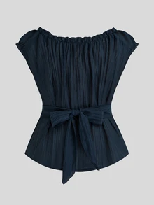 Sweetra Plus Size Casual Solid Color Pleated Shirt - Royal Blue - View 2