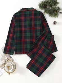 Tween Boys' Red Green Black Classic Plaid Long Sleeve Long Pants Button-Up Lapel Pajama Set Loungewear - Multicolor - View 3