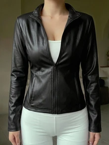 DAZY Women's Solid Color PU Leather Zipper Front Jacket, Spring Fall - Black - View 5
