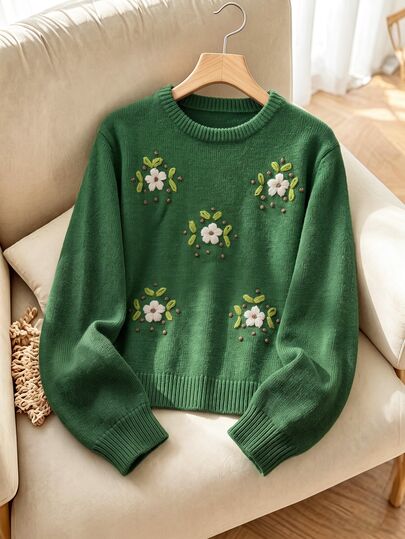 Rusticease Women's 3D Floral Decor Round Neck Long Sleeve Casual Sweater