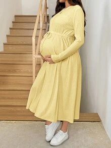 SHEIN 孕婦簡約百搭紋理長袖洋裝 - 黃色 - 查看 3