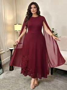 Modelyn Women's Plus Size Elegant Party Cape Sleeve Floral Embroidered Dress - Red - View 6