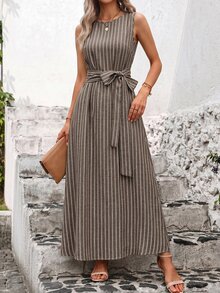 SHEIN Clasi 女款度假條紋口袋無袖極簡風洋裝 - 咖啡 - 查看 6