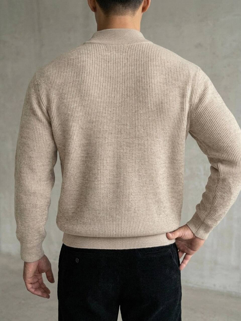 Spring/Autumn Khaki Marled Semi-High Round Neck Long Sleeve Cuffed Hem Men's Sweater