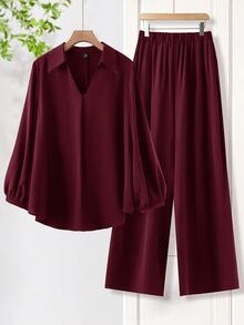 SHEIN Essnce 大尺碼秋季休閒純色襯衫與長褲兩件套 - 酒紅色 - 查看 6