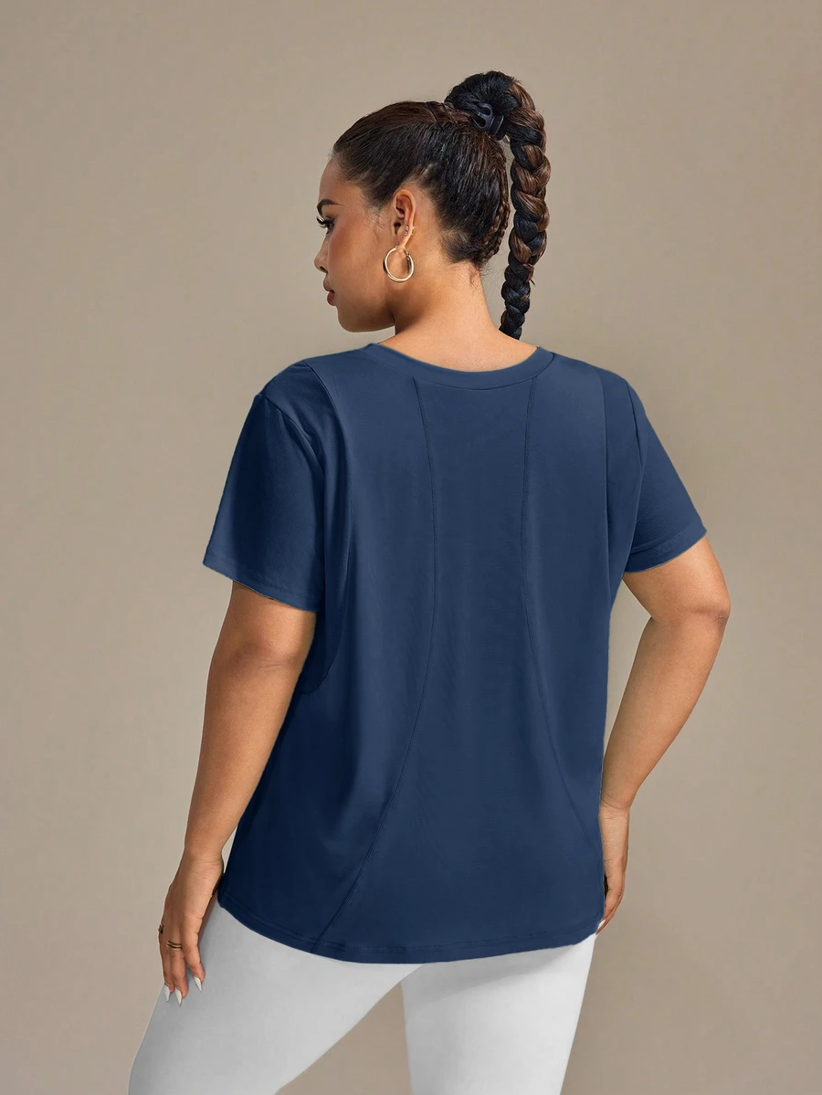 SHEIN Rhythm Era Women's Plus Size Solid Color Short Sleeve Sports T-Shirt - Dusty Blue - View 1