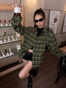 DAZY Women's Plaid Collar Korean Style Long Sleeve Spring Autumn Shirt - Green - View 7