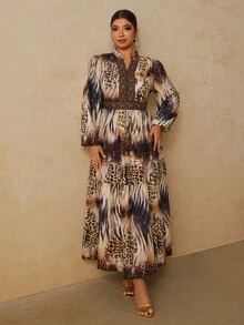Travachic 大尺碼女款復古波希米亞印花長袖洋裝，秋冬款 - 棕色 - 查看 6