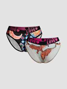 Chillnights Young Colorblock Leopard Plaid Sun Print Letter Webbing 2pcs/Set Women's Triangle Panties - Multicolor - View 1