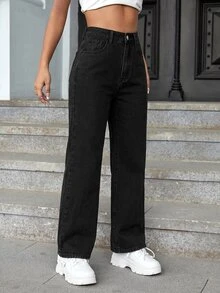 Jeanoix Summer High Waist Straight Leg Jeans - Black - View 3